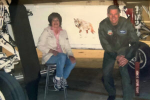 David “Never” Moore and mother Marilyn Moore pose with the fresh artwork on the F-117 Lone Wolf in 2006. 