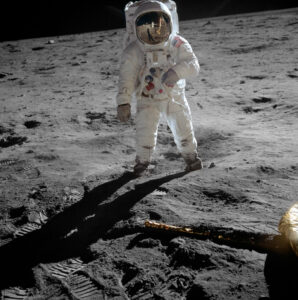 Astronaut Buzz Aldrin taking some of the first steps on the Earth's Moon. 