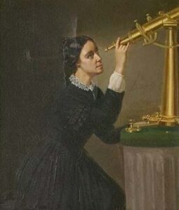 A painting of Maria Mitchell gazing through a telescope. 